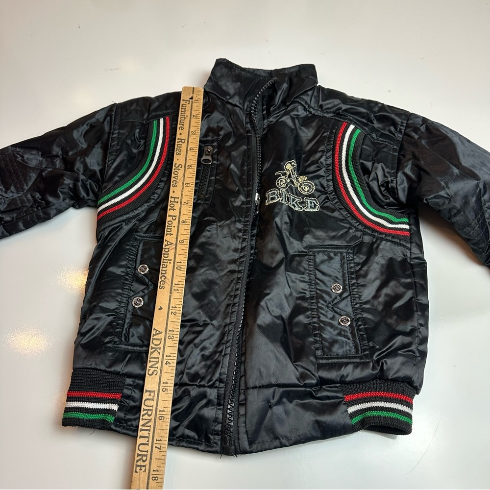 Y2K Moto Puffer Jacket | Kids Racing Stripe Embroidered Black Nylon Coat 3T-4T - Picture 7 of 11